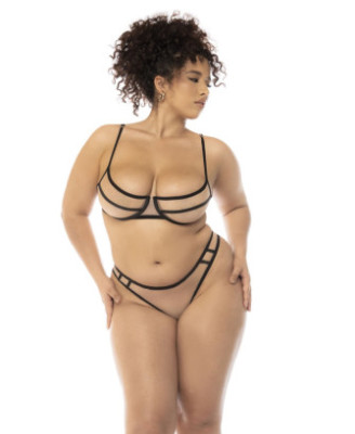 Ensemble 3 pièces noir et chair grande taille, soutien gorge avec armatures, serre taille et string 